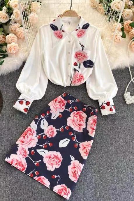 Two-piece set, elegant printed skirt, socialite flower blouse, versatile high-waisted skirt