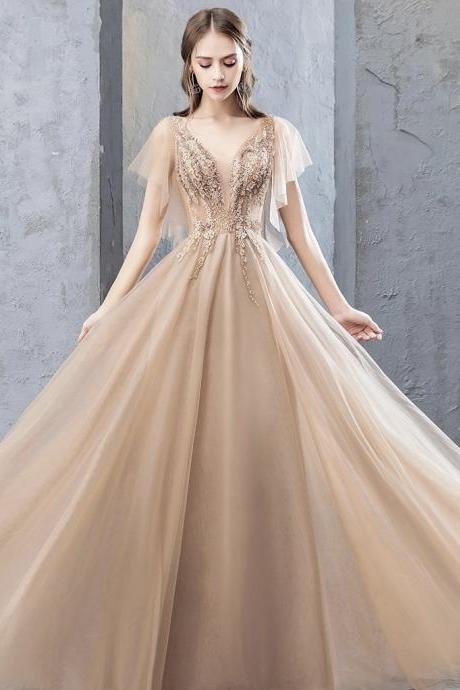 V neck evening dress, golden elegant party dress,custom made
