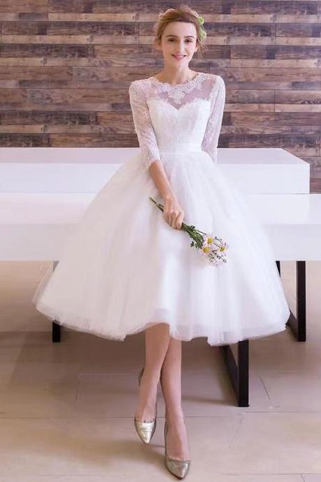 New, long-sleeve wedding dress, white bridesmaid dress, graduation midi dress,custom made