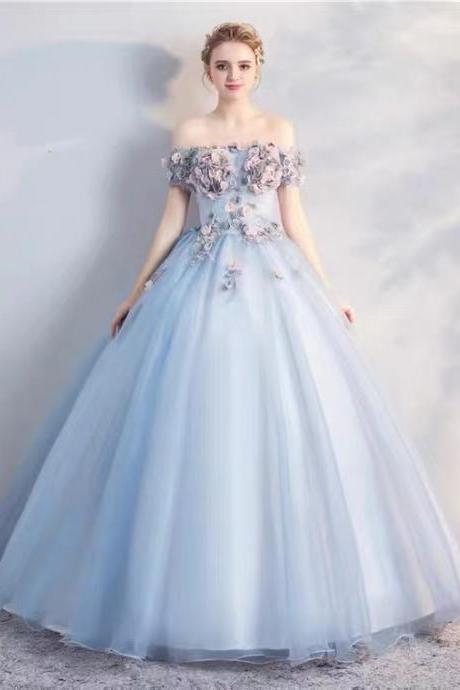 Blue Pompous Dress, Off-the-shoulder Prom Gown With Applique,custom Made