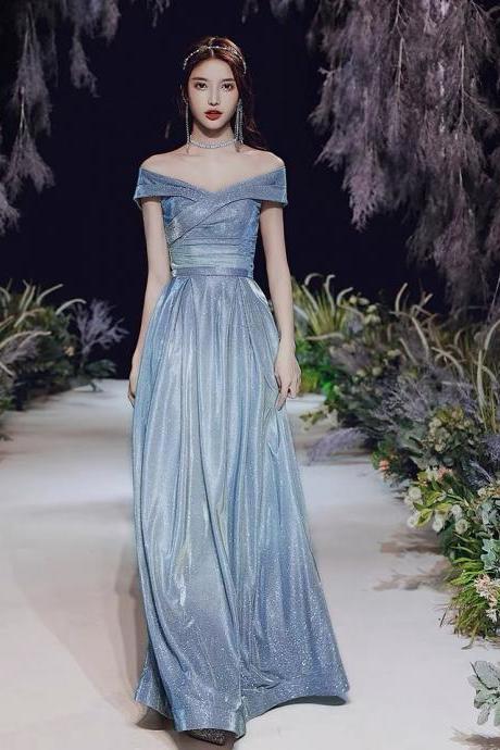 Off shoulder evening dress, blue shiny prom dress, elegant evening dress,custom made
