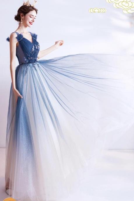 Star Blue Party Dress, V-neck Prom Dress,custom Made
