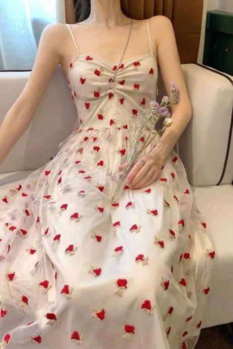 Sweet, Retro Platycodon Grandiflorum Dress, Super Fairy Dress Flower Spaghetti Strap Fashion Dress