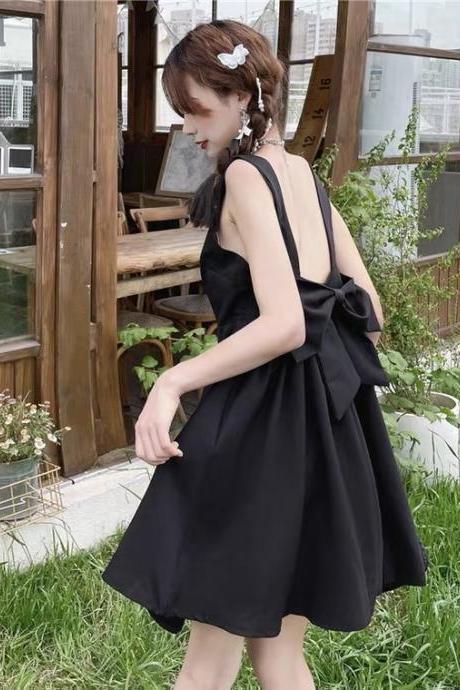 Bowknot tie black strap dress, halter vintage little black dress