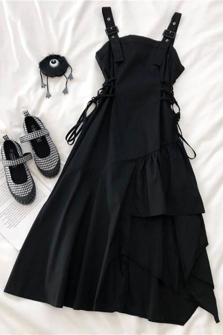 Irregular strap dress, design feeling little black dress, black spaghetti strap dress