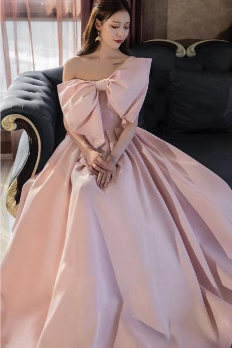 One Shoulder Party Dress, Bowknot Evening Dress,pink Prom Dress,custom Made
