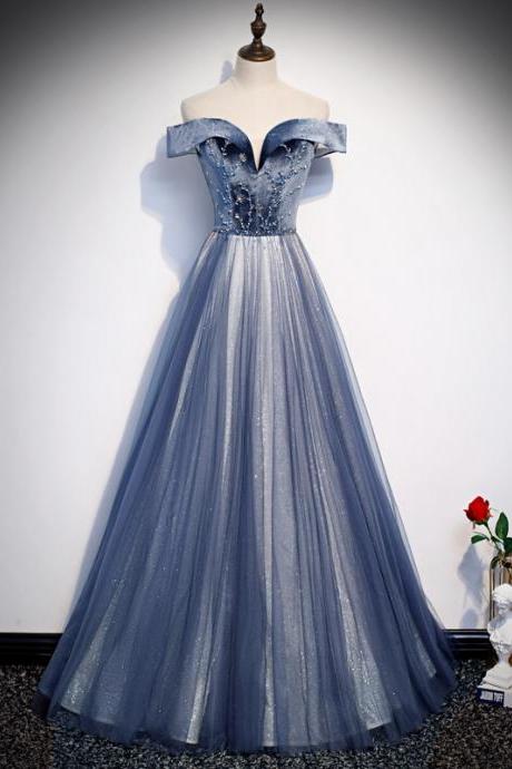 Blue Evening Dress, Temperament Off Shoulder Prom Dress, Long Fairy Dream Student Dress,custom Made