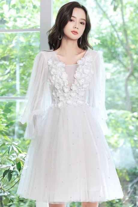 White Dress Little Evening Dress, Long Sleeve Party Dress,fairy Birthday Dress, Princess Homecoming Dress,custom Made