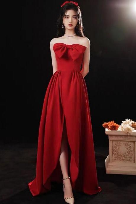 Strapless Prom Dress, Cute Bow, Charming Slit Evening Gown,custom Made