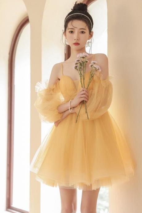 Birthday Party Dress, Fairy Graduation Dress, Yellow Homecoming Dress, Halter Dress,custom Made