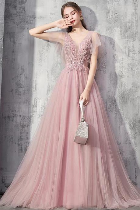 Elegant evening dress, V-neck prom dress, pink fairy dress,custom made