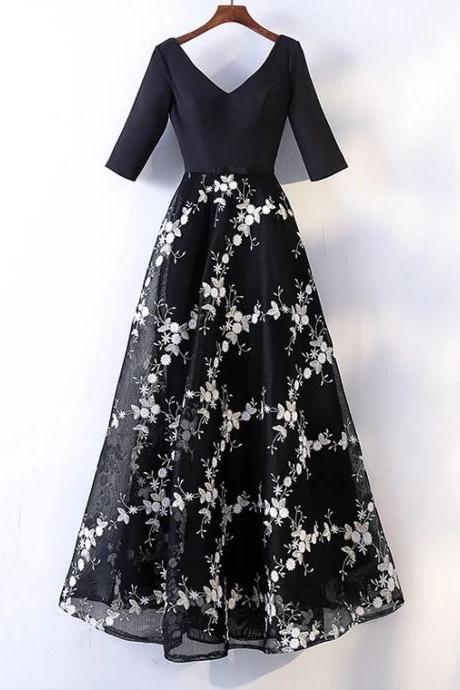  Black evening dress, birthday dress, v-neck long elegant dress,custom made