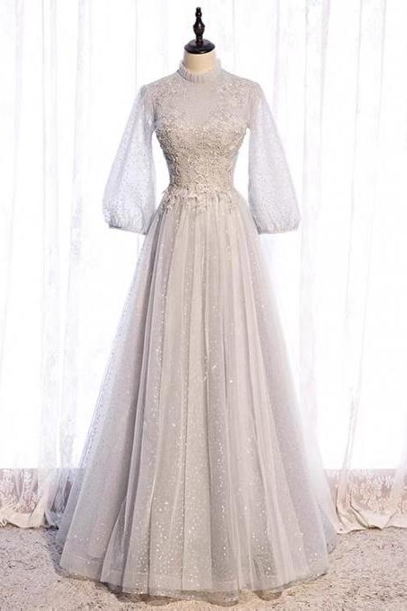 Long Sleeves Prom Dress, High Quality Fairy Dress, Gray Elegant Formal Dress,custom Made