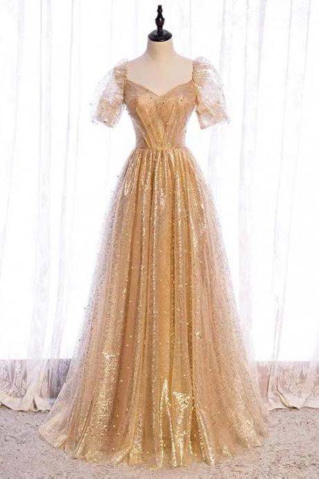 Long Prom Dress, Shiny Fairy Dress, V-neck Gold Dress,custom Made