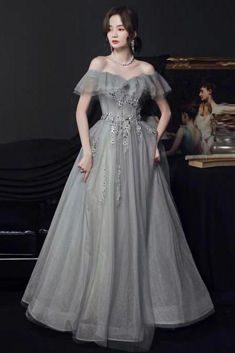 Off shoulder evening dress, light luxury bridesmaid dress,gray party dress,custom made