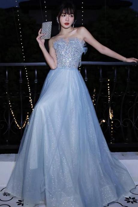 Blue evening dress, temperament, light luxury, lady's birthday dress, strapless sequin prom dress,custom made