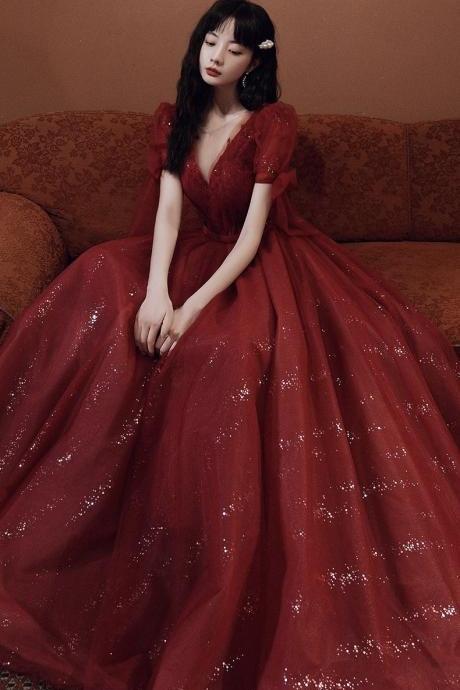 V-neck prom dress,fairy party dress,tulle red dress,custom made