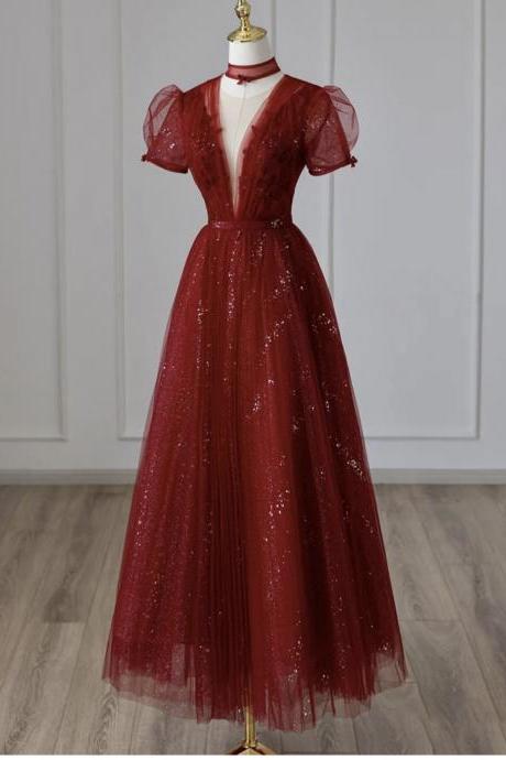 Princess party dress, v-neck prom dress,class red dress,custom made