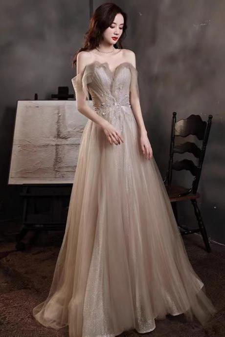Fairy prom dress, off shoulder champagne dress, light luxury evening dress,custom made
