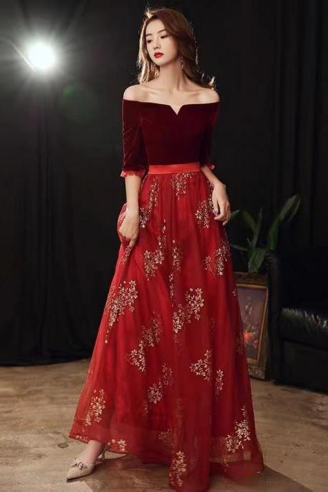 Velvet dress,off shoulder elegant dress, red dress ,custom made