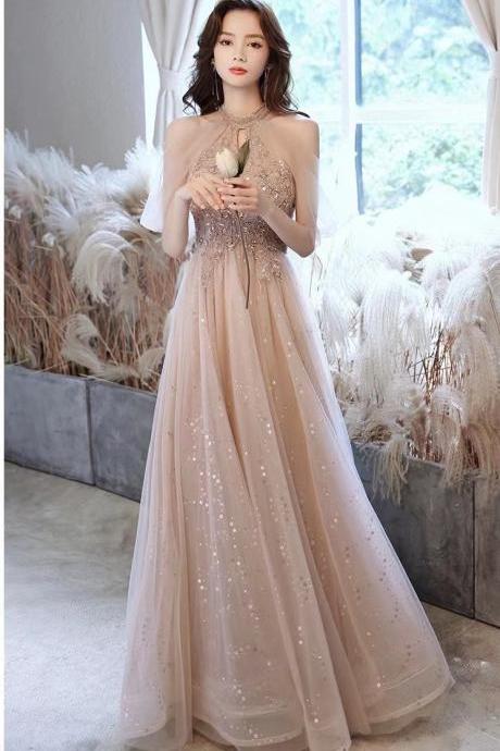  Champagne evening dress, fairy bridesmaid dress, dreamy halter neck prom dress,custom made