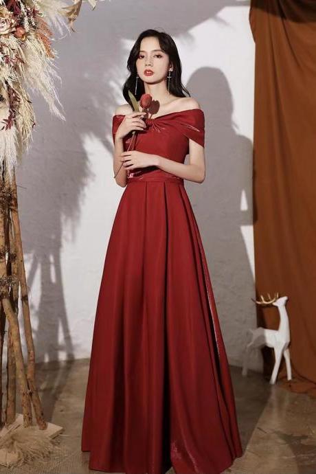 Burgundy prom gown, satin class gown, off shoulder evening gown,custom made