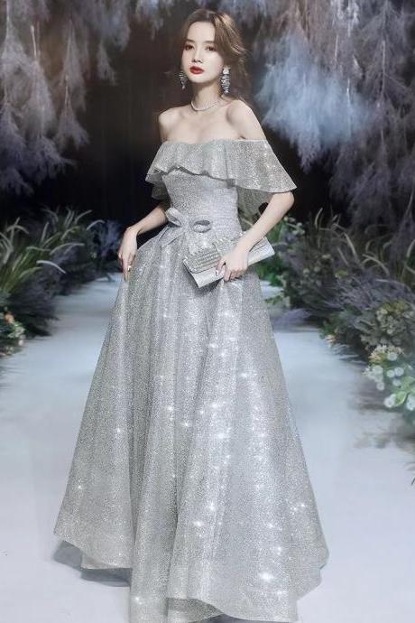 Starry Prom Dress, Fairy Off-the-shoulder Evening Dress, Temperament, Socialite, Silver Party Dress,custom Made