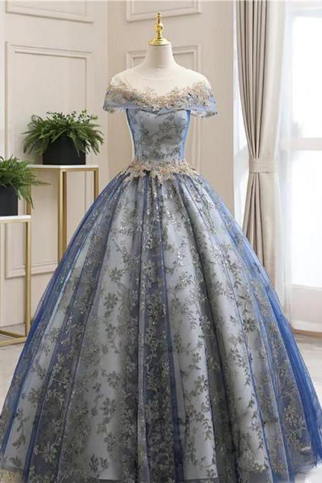 Blue bridal dress, chic ball gown dress, pomp floor-length evening dress,custom made