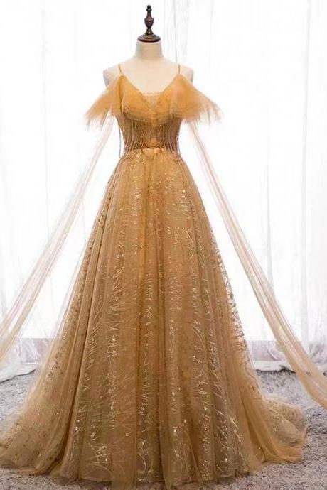 Halter Strap Evening Dress, V-neck Gold Prom Dress, Fairy Long Elegant Dress,custom Made