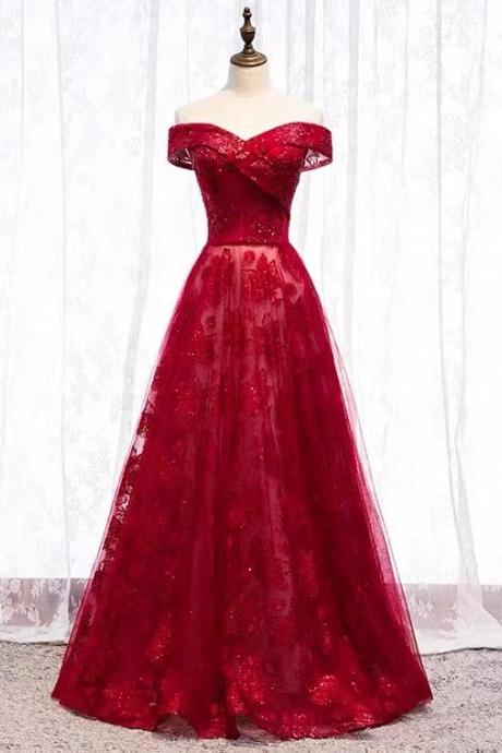 Off Shoulder Prom Dress, Red Lace Glamorous Evening Dress,custom Made