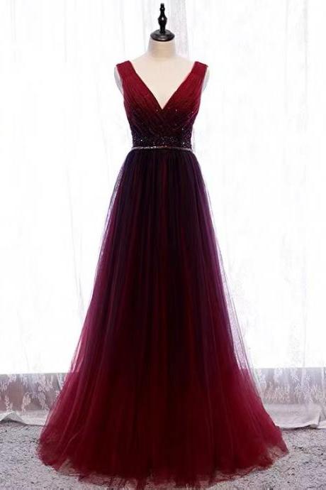 Red Long Prom Dress, V-collar Temperament Evening Dress,custom Made