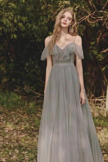Gray bridesmaid dress, fairy prom dress, spaghetti strap party dress,custom made