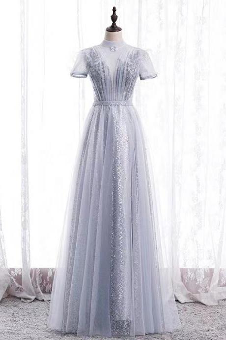 Long grey prom dress, high collar temperament party dress, elegant dress,custom made