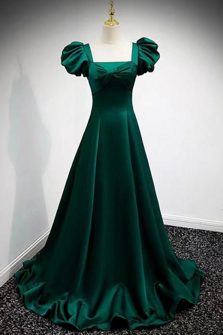 Green evening dress, new style prom dress, bubble sleeve satin elegant dress,custom made