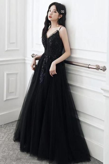 Spaghetti starp evening dress, black class dress, sexy birthday dress,custom made