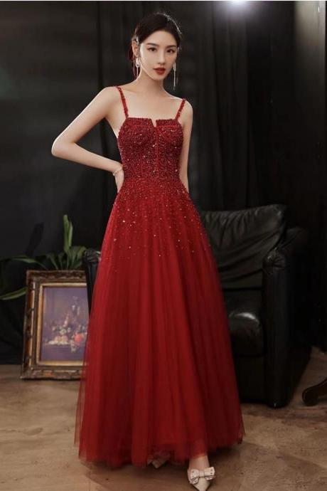 Elegant Red Dress, Classy, Sleeveless Spaghetti Strap Party Dress, Heavy Bead Evening Dress,custom Made