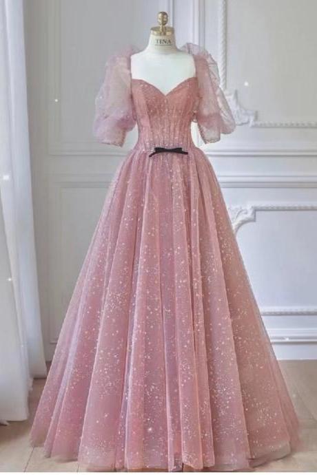 Light luxury prom dress, high-grade texture dress, pink bridesmaid dress, bubble sleeve princess dress,custom made