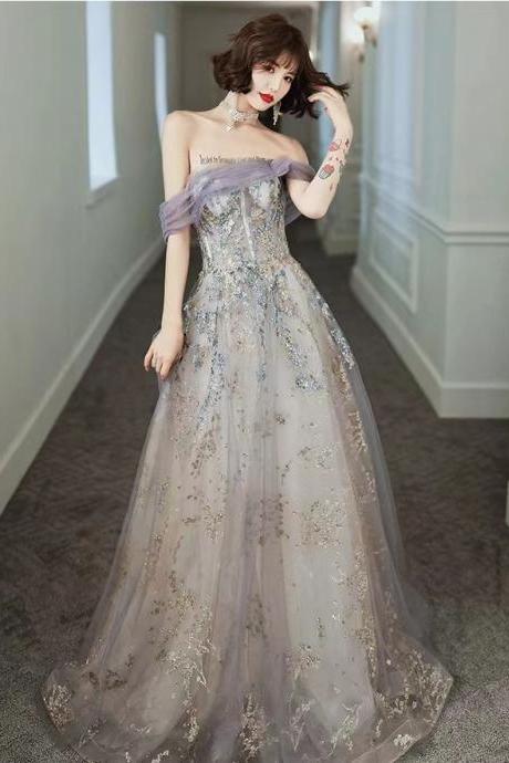 Purple dream prom gown, off shoulder party dress, starry evening gown,custom made