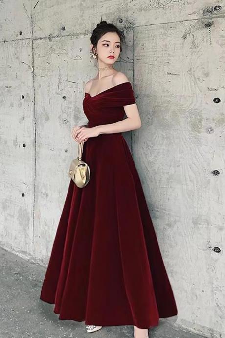 Velvet prom dress,burgundy dress, off shoulder evening gown,custom made