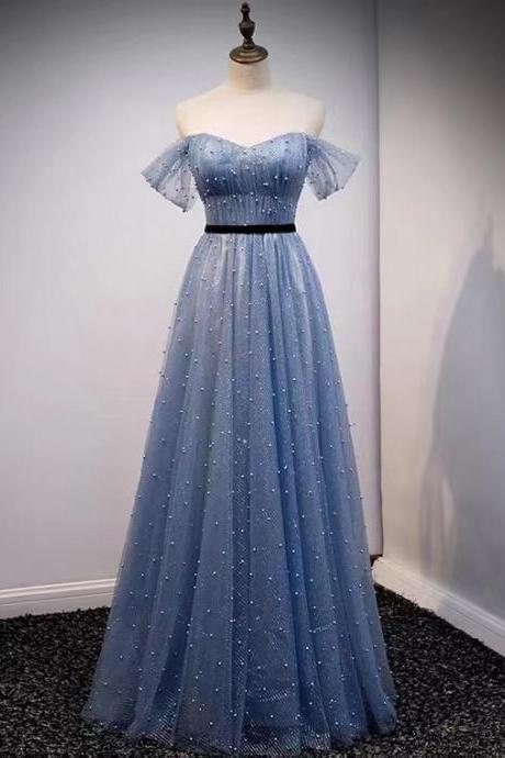 Blue Evening Dress, Off Shoulder Evening Dress With Pearl,custom Made