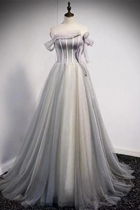 Off-the-shoulder evening dress, new style, senior grey fairy tulle dress, dream party dress, noble prom dress,custom made