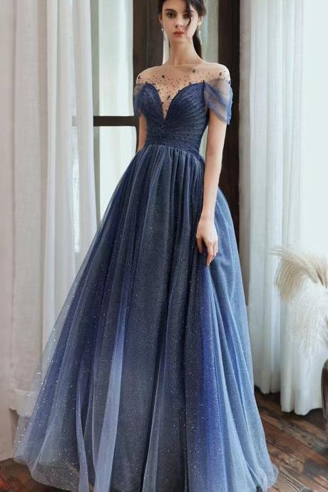 Gradient blue prom dress, dreamy starry night evening dress, beaded dress,custom made