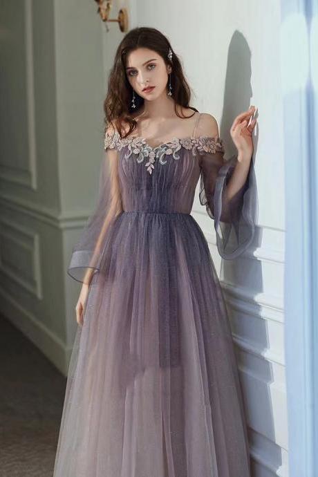 Gradient purple dress, off shoulder sky prom dress, fairy party dress,custom made