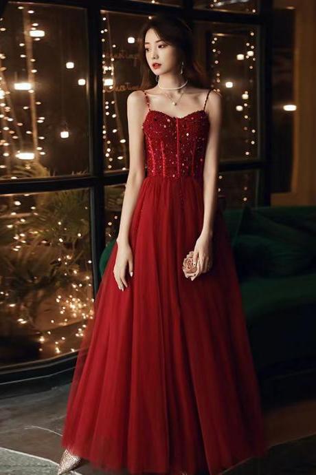 Red dress, spaghetti strap party dress, beaded evening dress,custom made