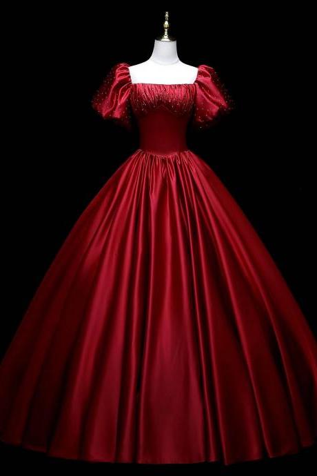 Red Satin Evening Dress, Bubble-sleeve Prom Gown, Pompous Dress,custom Made