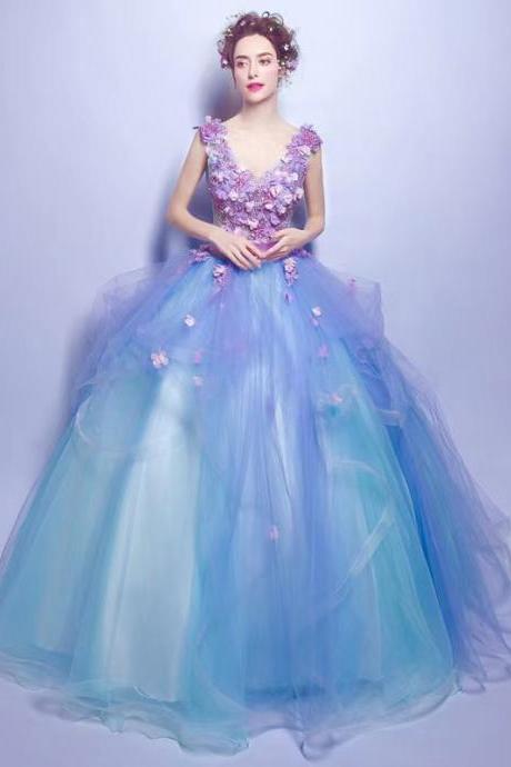 Flower Fairy Blue Ball Gown Dress, Applique Flower Prom Dress,custom Made