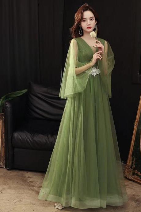 V-neck Evening Dress, Long Green Prom Dress,fresh Party Dress,custom Made