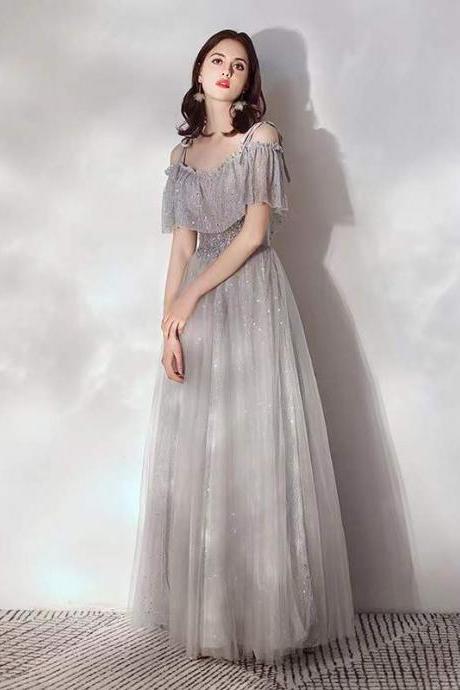 Spaghetti strap bridesmaid dress, off shoulder party dress ,simple vening dress, gray dress,custom made