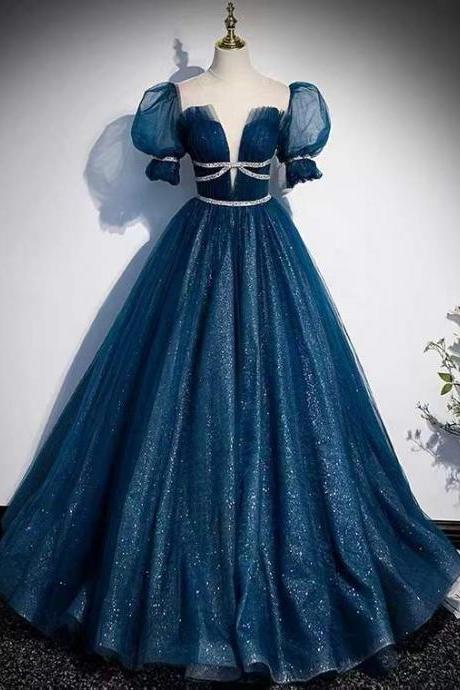 Bubble sleeve evening dress ,class sense blue party dress, princess dream dress,custom made