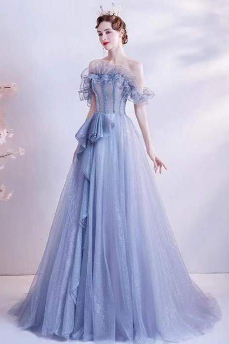 Gradual blue dress, bright starlight evening dress, off-the-shoulder dream dress,custom made